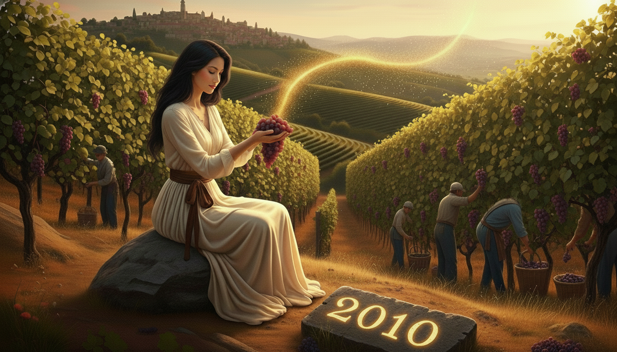 2010 Vintage: A woman holding glowing grapes sits in a vineyard at sunset as workers harvest in the rolling hills of Tuscany, with a town in the distance.