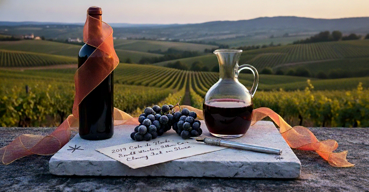 Red wine bottle and carafe, grapes, and a pen on a stone slab, with a handwritten note. The setting sun illuminates rolling vineyards in the background.