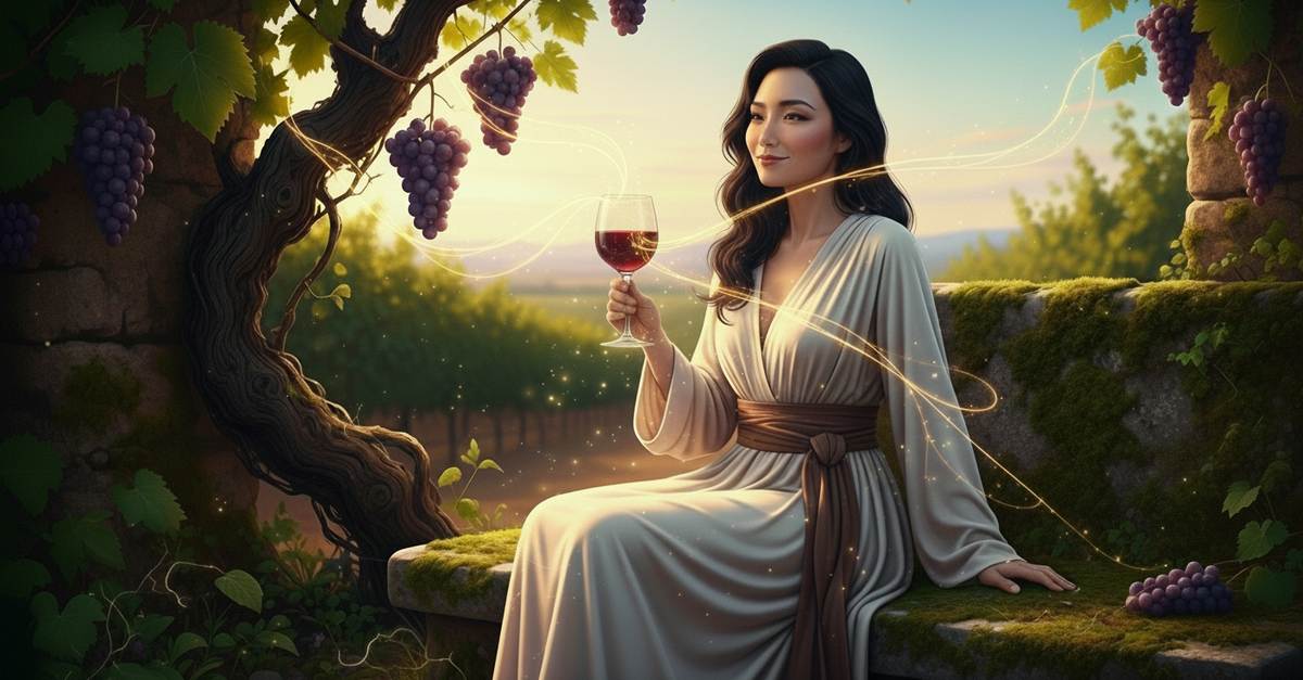 A serene figure in flowing robes sits in a sunlit Rioja vineyard, holding red wine. Grapes hang nearby; golden light evokes quiet, timeless contemplation.