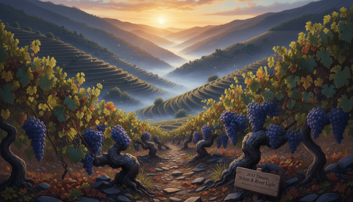Douro Valley terraces shrouded in dawn mist. Captures the 2011 Douro vintage essence: schist stone, light, and the promise of profound clarity and concentration.