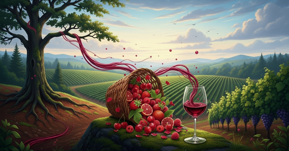 Willamette Valley at dusk. A woman smiles in a vineyard, surrounded by rolling hills and ancient trees, symbolizing the elegant, earthy Pinot Noir.