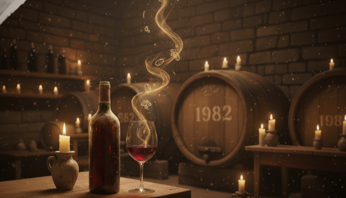 A bottle of 1982 Bordeaux and a glass of red wine sit on a wooden table in a candlelit stone cellar. Through an archway, a sunset bathes a vineyard and a distant château in warm, amber light.