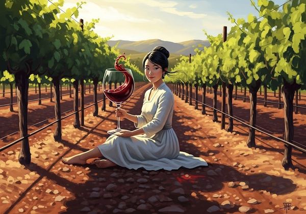 A painting of Chang'e in a Napa vineyard, with an oversized wine glass. She wears a linen dress and smiles playfully in the golden-hour light.
