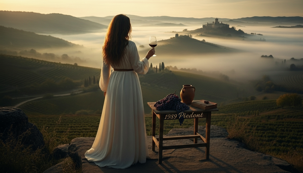 Woman stands in a misty Piedmont vineyard at sunset, holding a glass of Barolo. The rolling Langhe hills and a Barolo castle are visible. Focus on Nebbiolo grapes and golden-hour light.