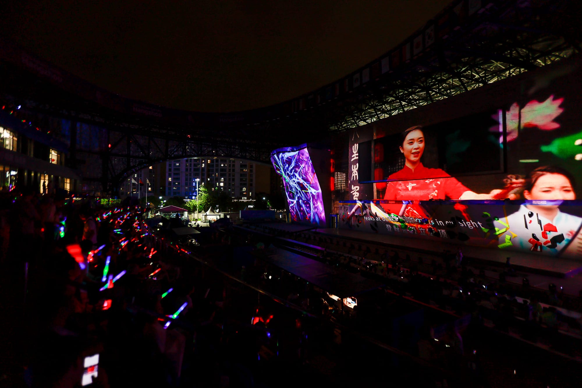 The Keqaio Sport Climbing venue covered in lights during the Speed Climbing final at the 19th Asian Games in 2023