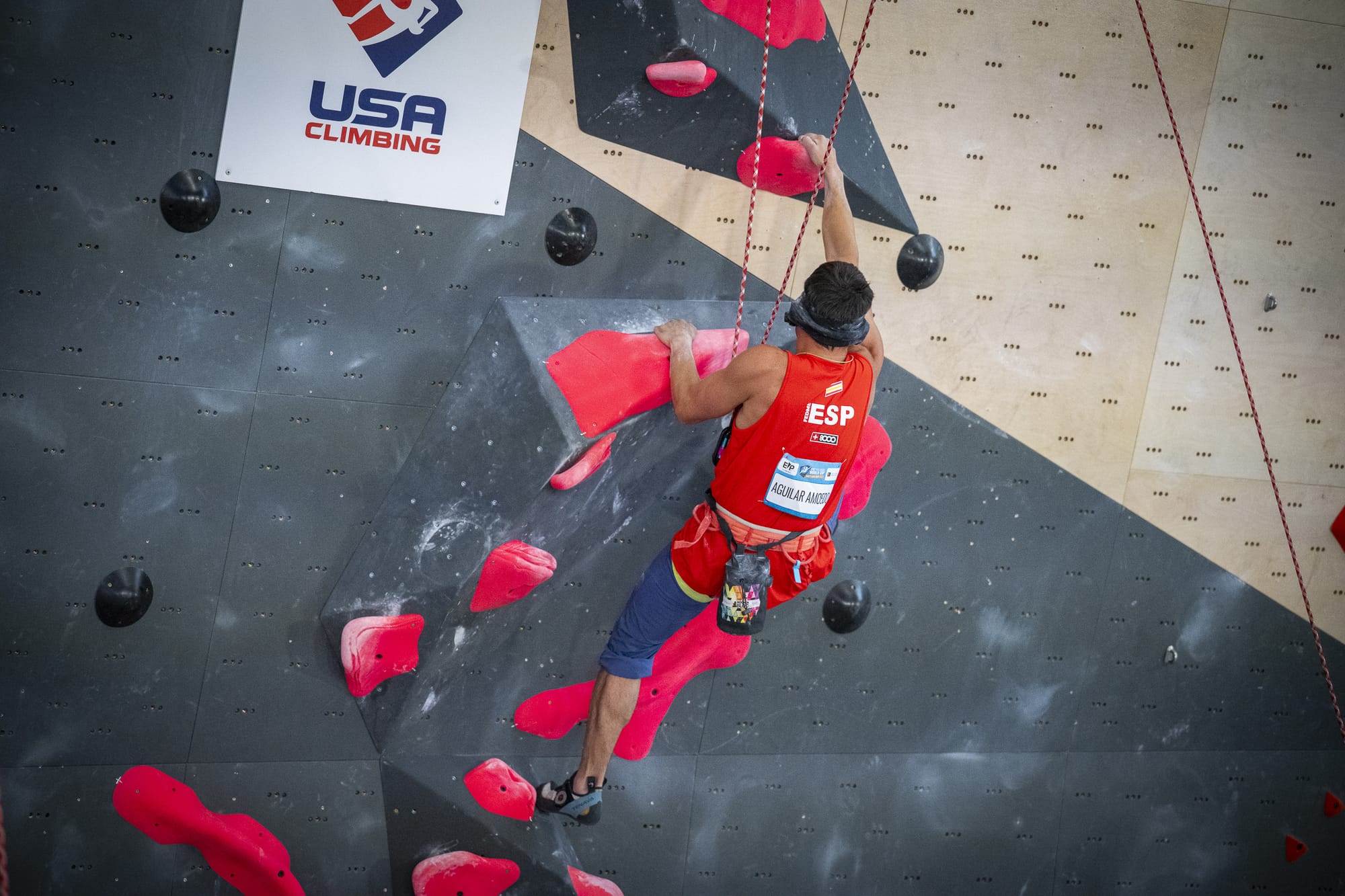 Francisco Javier Aguilar Amoedo climbing in the Salt Lake City Para Climbing World Cup B1 final