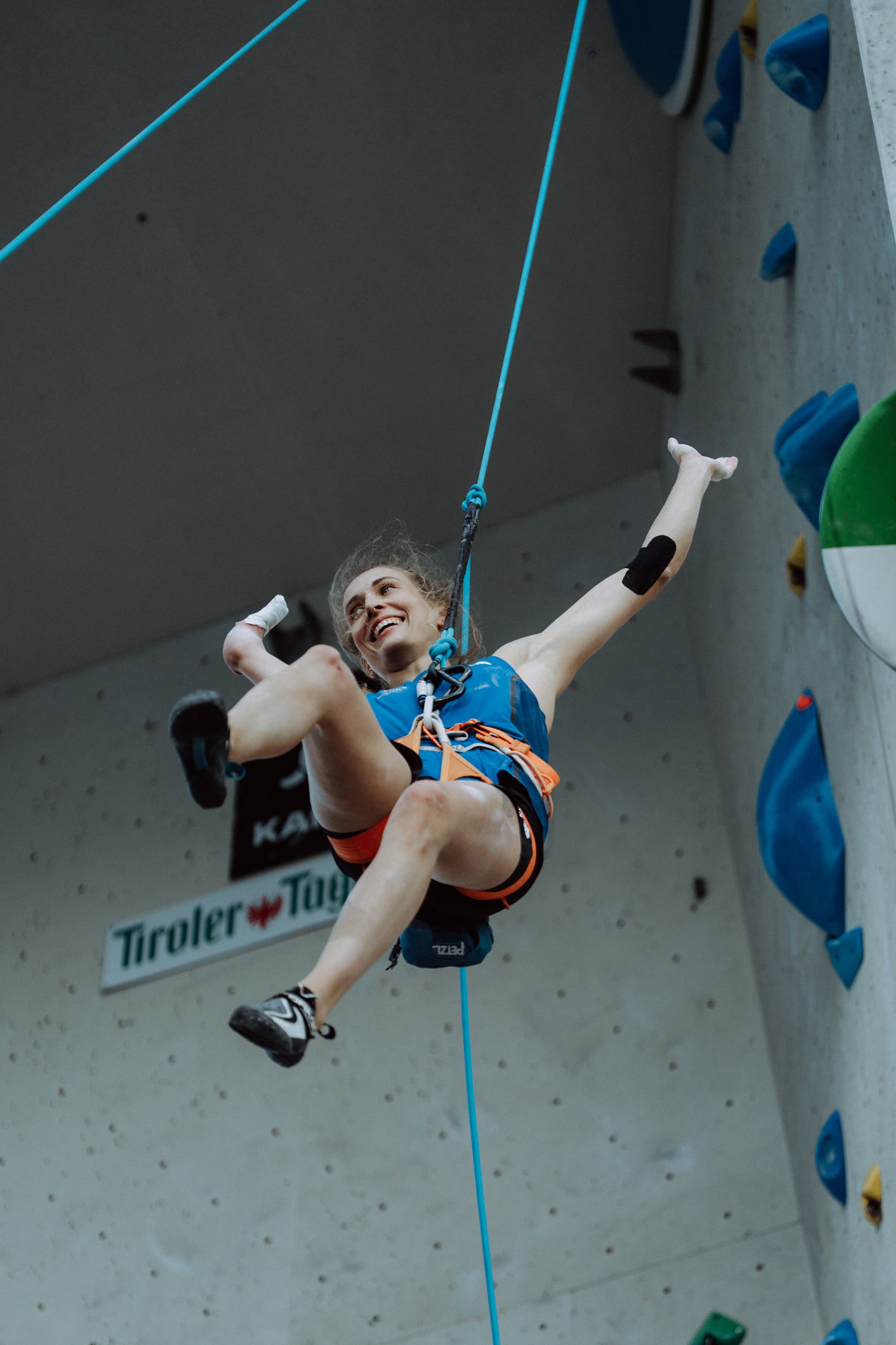 Solenne Piret celebrates to the crowd on her descent down after her attempt