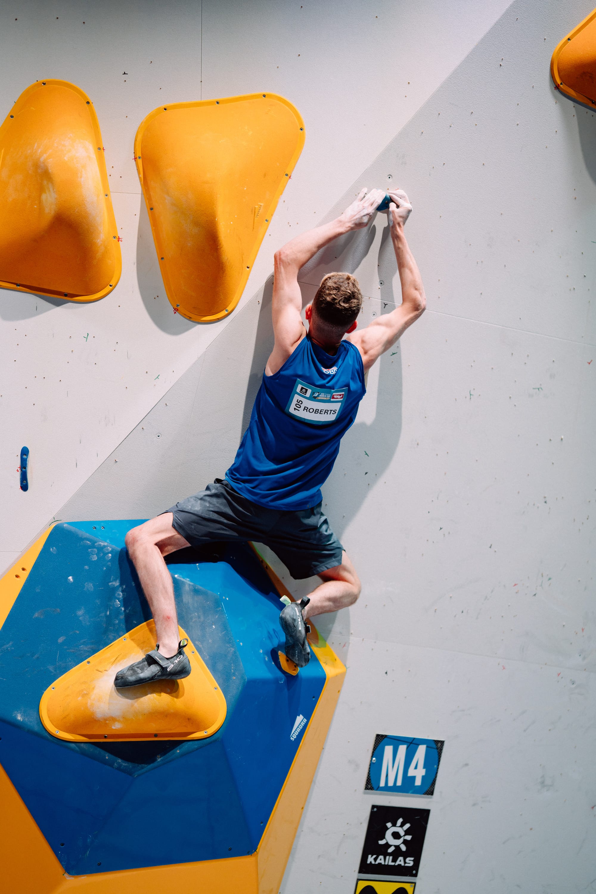 Toby Roberts matching the crimp on the final boulder of the Men's boulder final