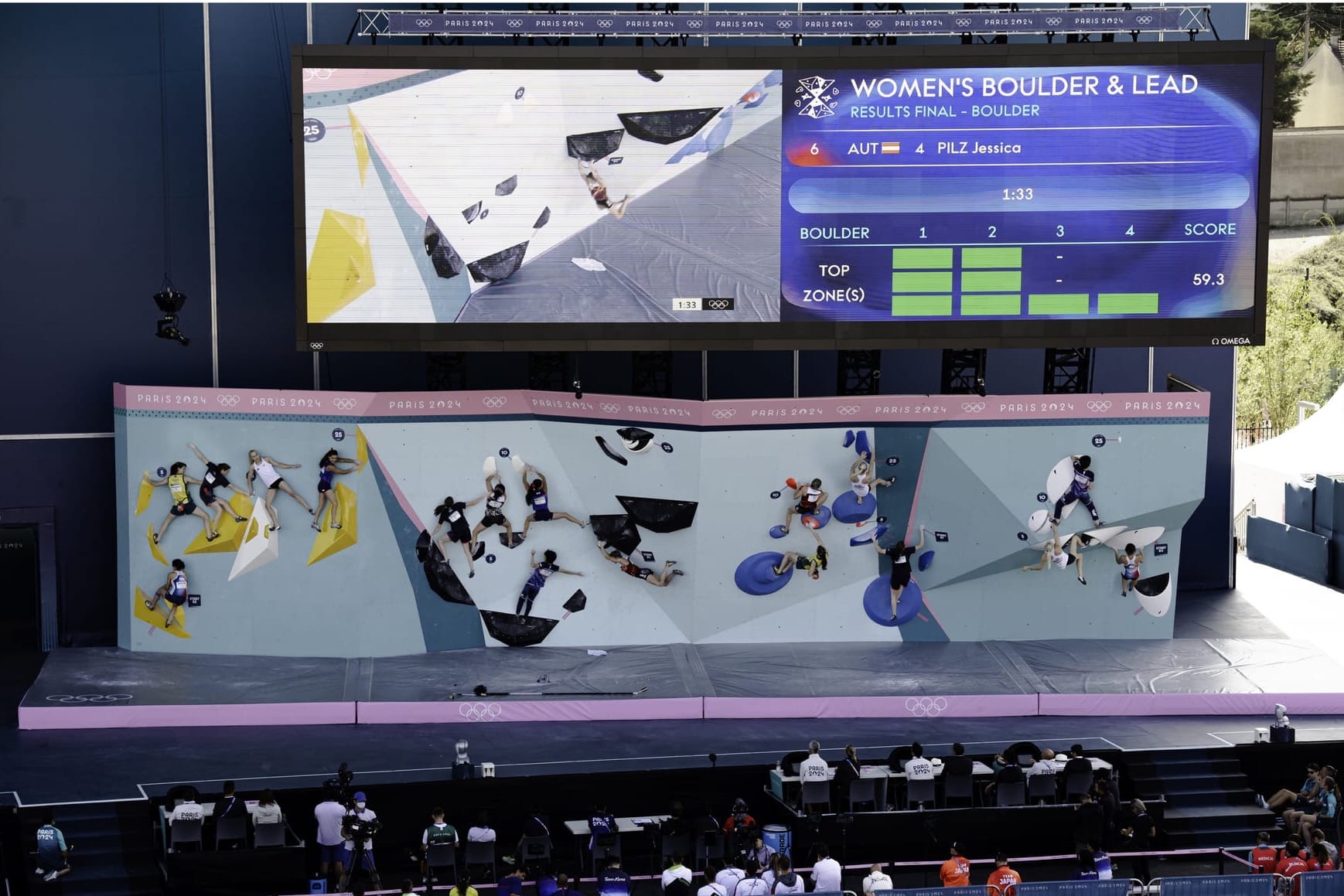 Photo overlay of the womens Boulder Final at the Paris 2024 Olympics