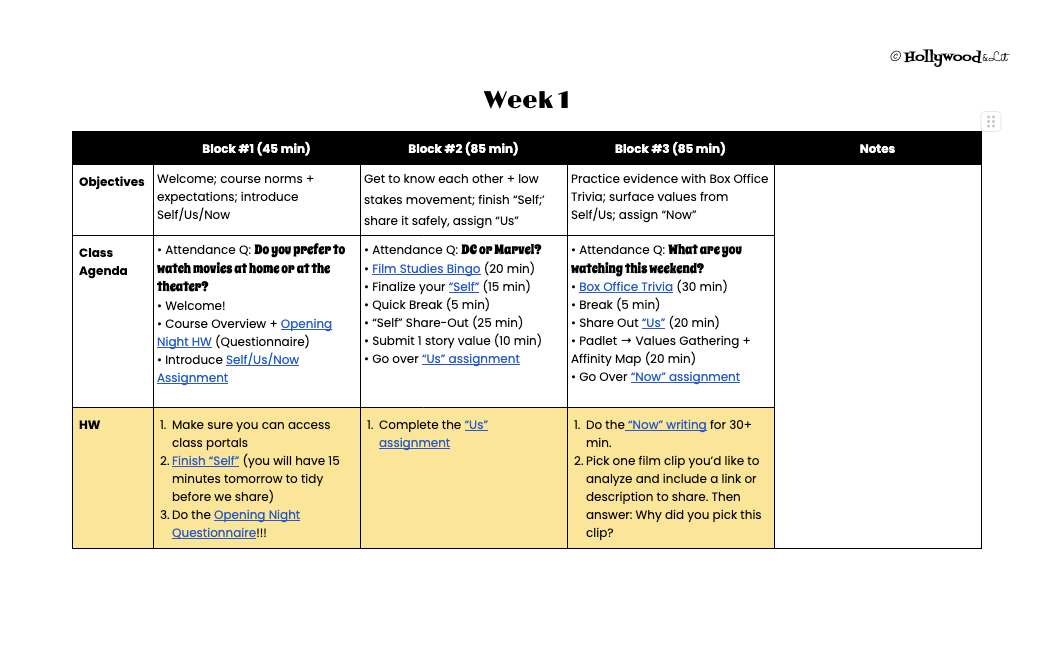 Intro to Film Studies Pacing Guide Week 1