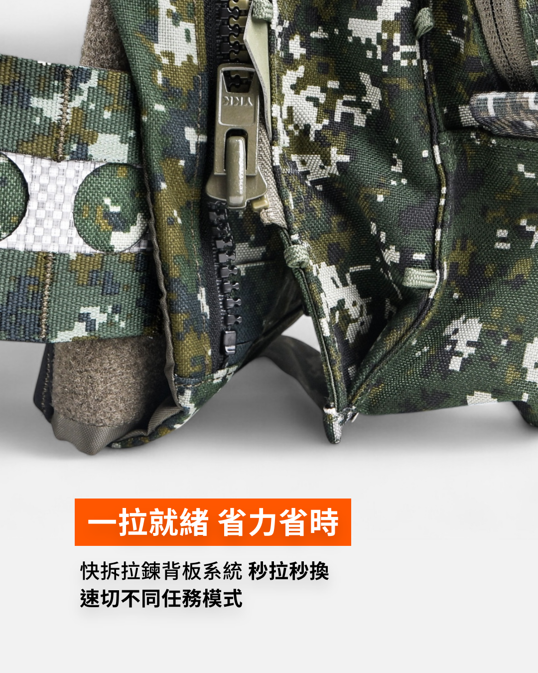 YKK10 號拉鍊，市面上各式模組拉鍊面板均可輕鬆外掛。製圖：傲骨戰術裝備屋