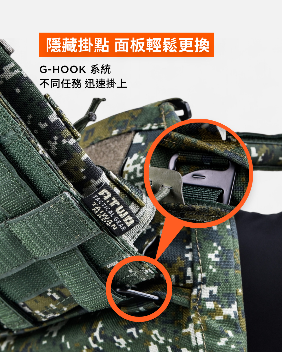 G-HOOK 隱藏式掛點，FCPC V5 延續 Ferro Adapt 精神，輕鬆外掛各式模組片板。製圖：傲骨戰術裝備屋