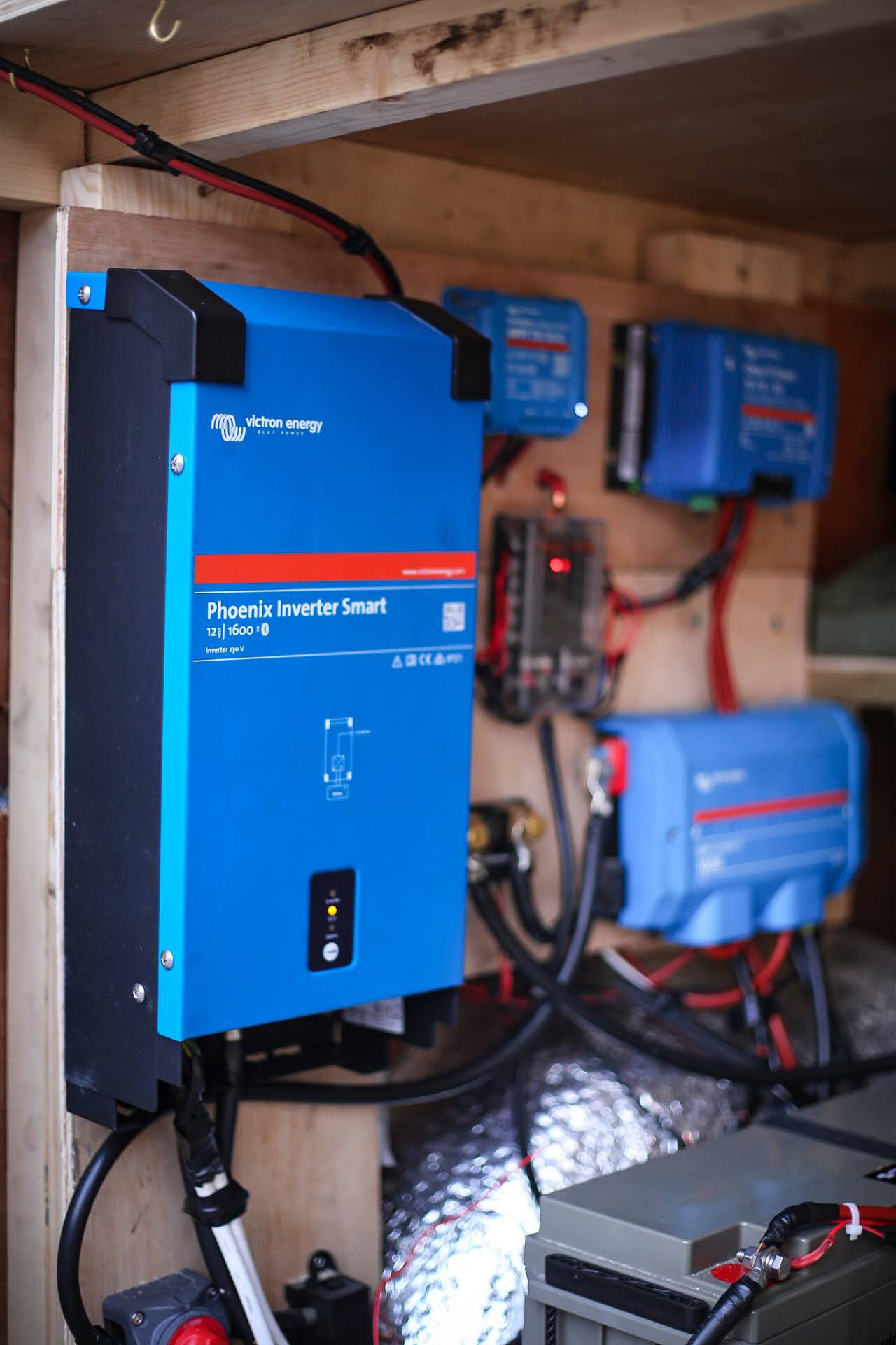 Campervan electrical system mounted on a wooden frame