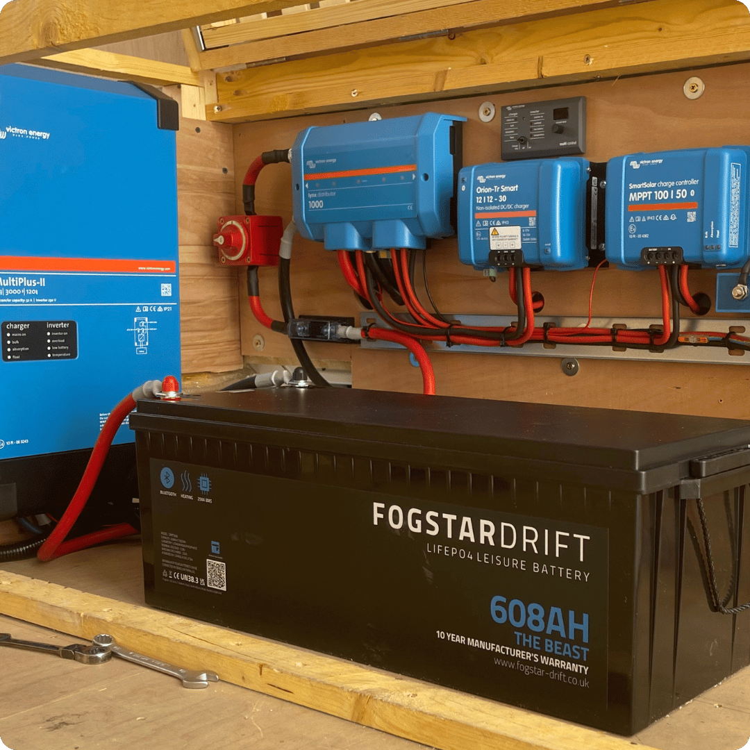 campervan electrical system mounted on wood panels