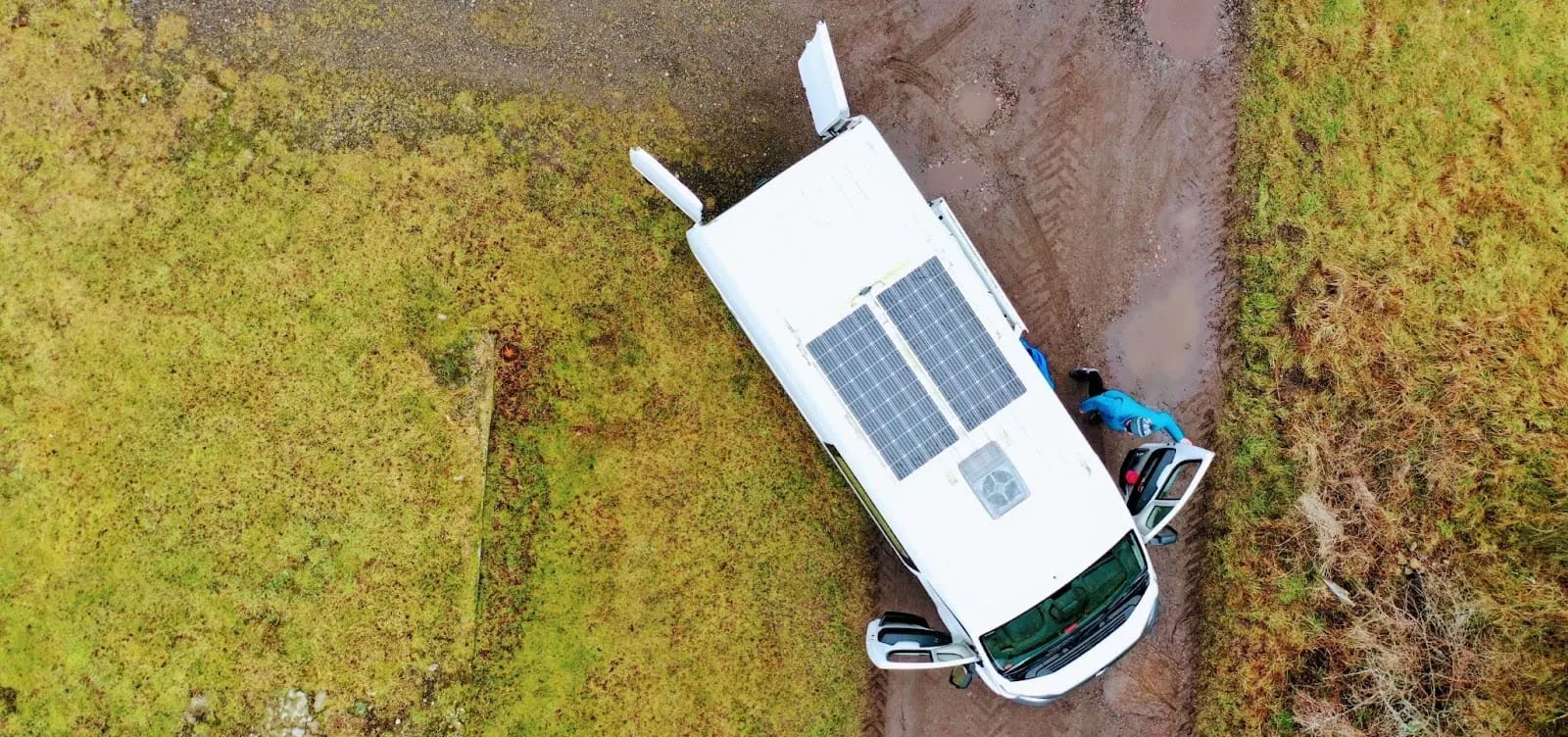 Fixed solar panels mounted on a campervan roof