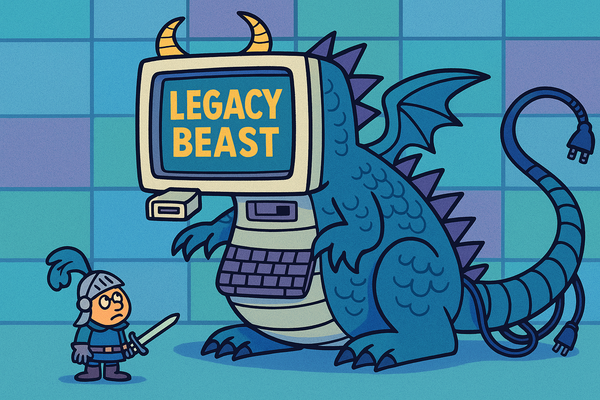 A tiny knight looking dismayed at a dragon-computer hybrid legacy beast.