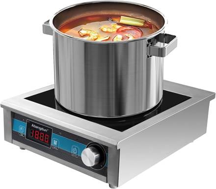 A pot of soup on an induction burner. 