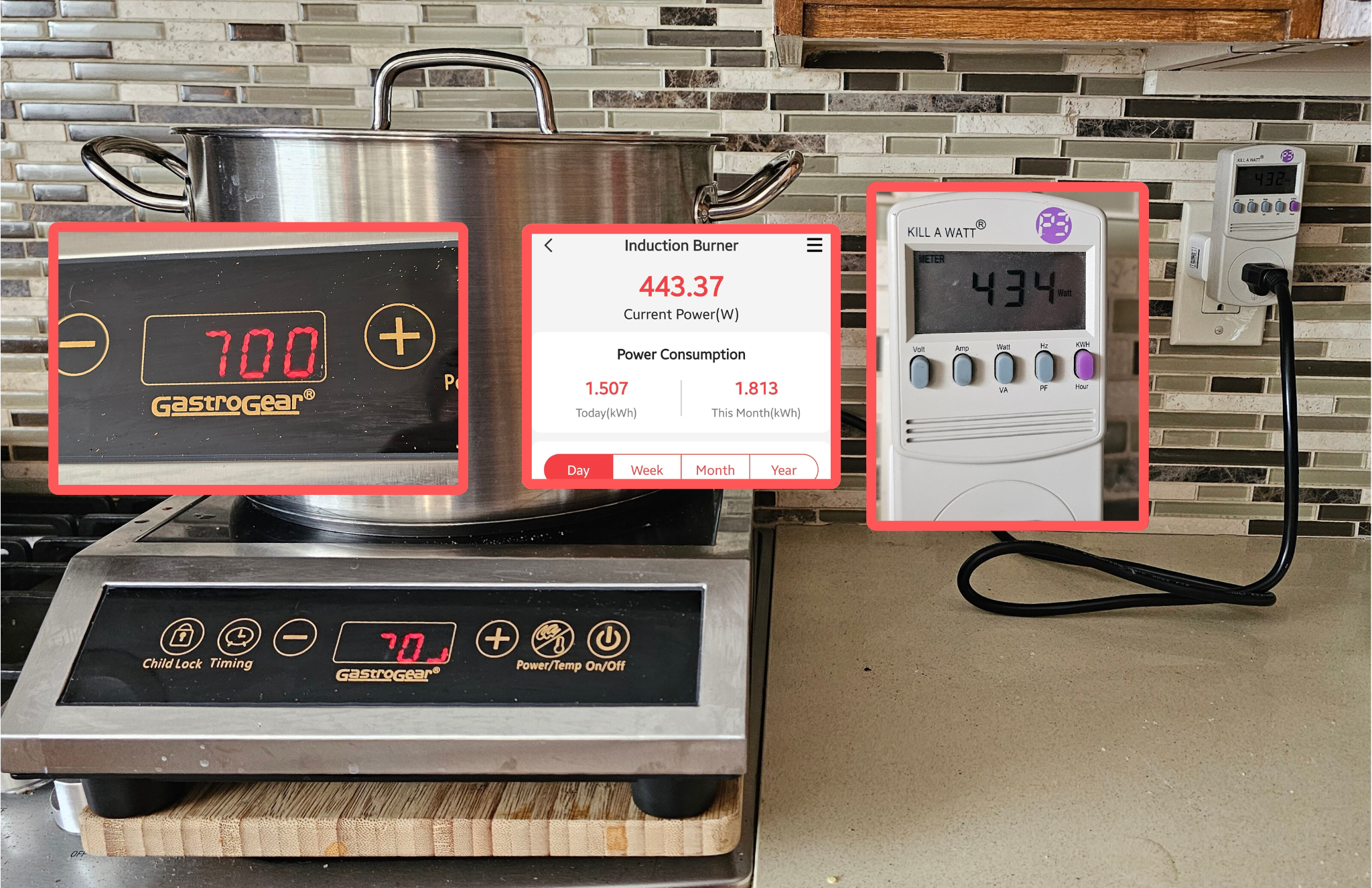 Induction burner setup with overlays showing wattage draw