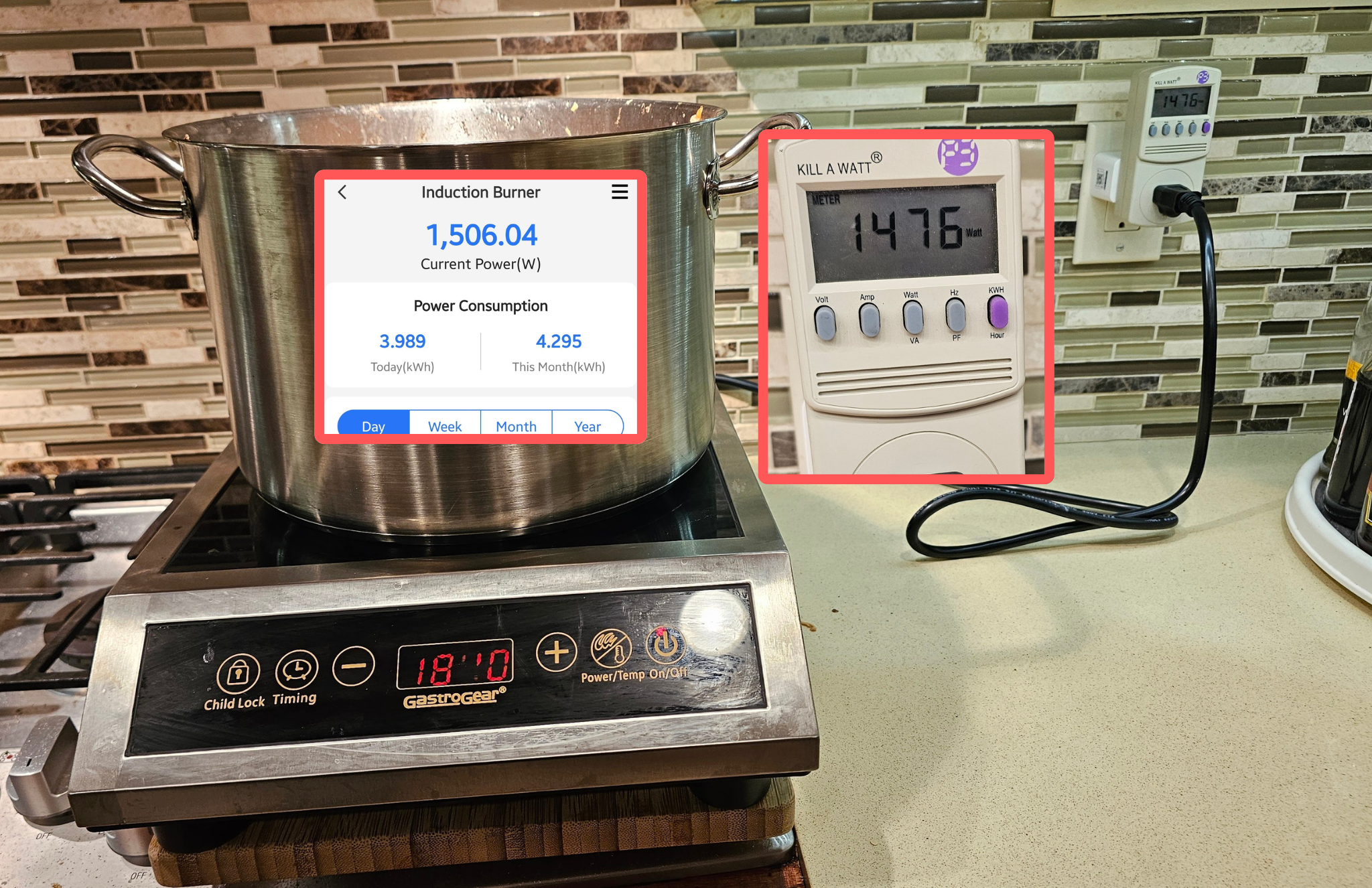 Induction burner setup with overlays showing wattage draw