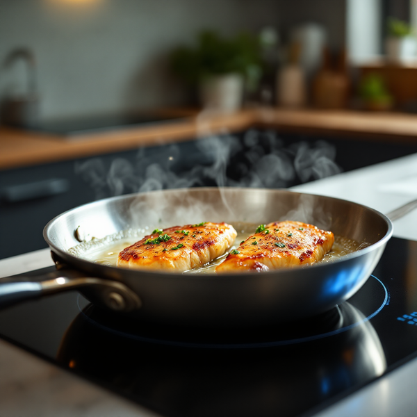 Protein cooking in a pan on an induction cooktop