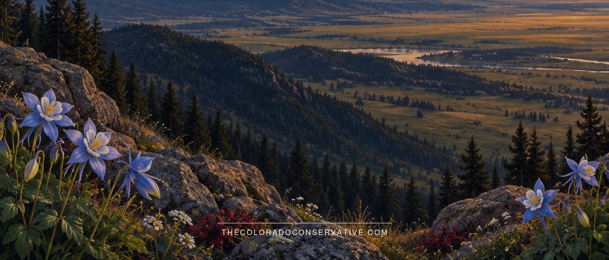 Colorado mountain landscape and columbines at sunset