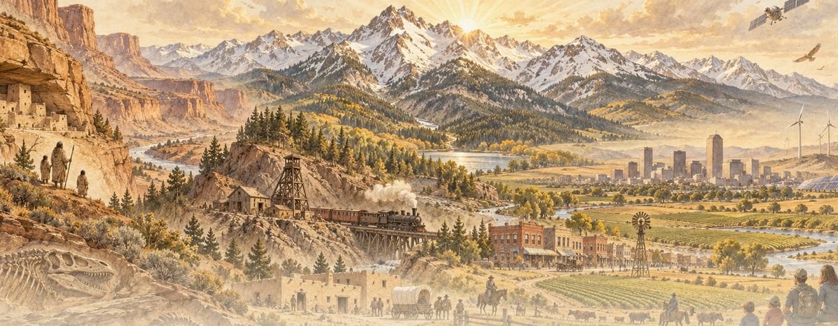 Illustration combining Colorado landscapes, communities, agriculture, and industry