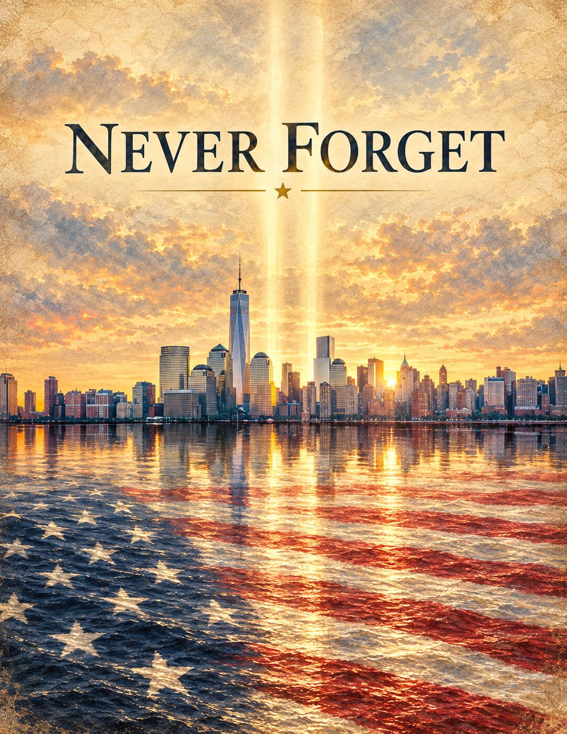 September 11 remembrance illustration with the New York skyline and an American flag motif