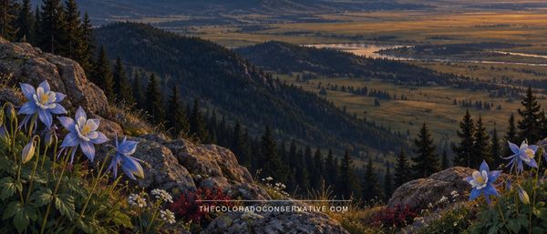 Colorado mountain landscape and columbines at sunset