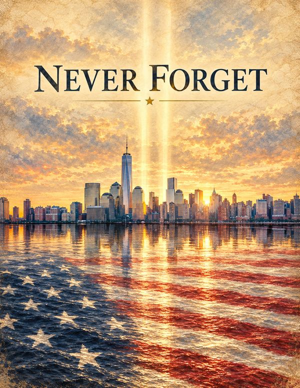 September 11 remembrance illustration with the New York skyline and an American flag motif