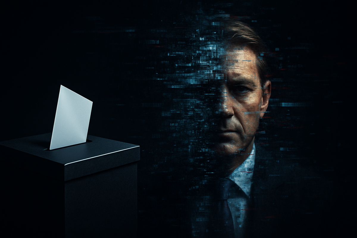 A dark ballot box with a single blank ballot stands beside a politician’s face dissolving into glitchy blue-and-red pixels, symbolizing deepfake threats to democratic elections.
