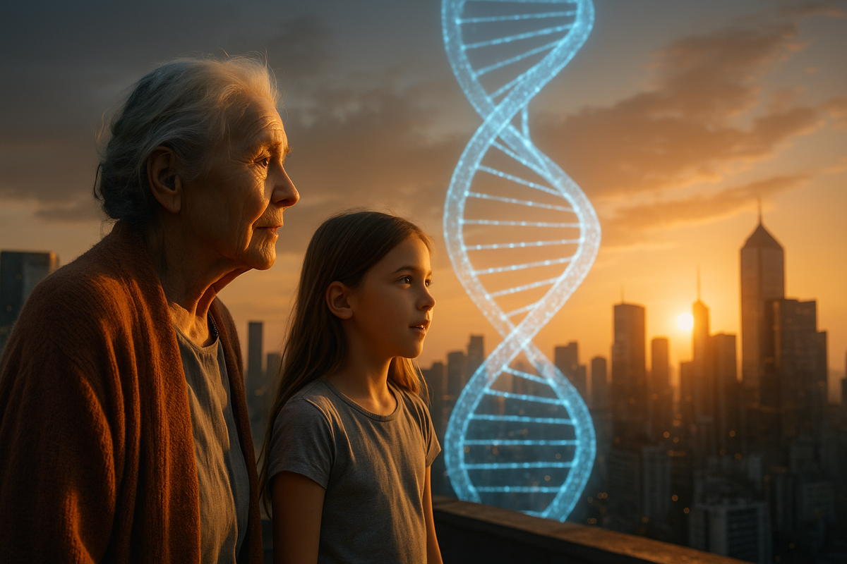 Elderly woman and young girl on a rooftop at sunset, gazing at a glowing blue DNA helix hologram rising above a futuristic city skyline.