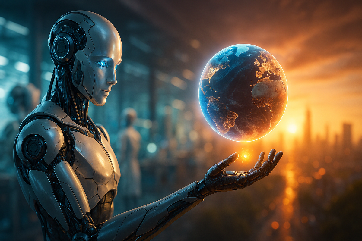 Humanoid robot balances holographic Earth between factory robots and sunrise city skyline, symbolizing future.