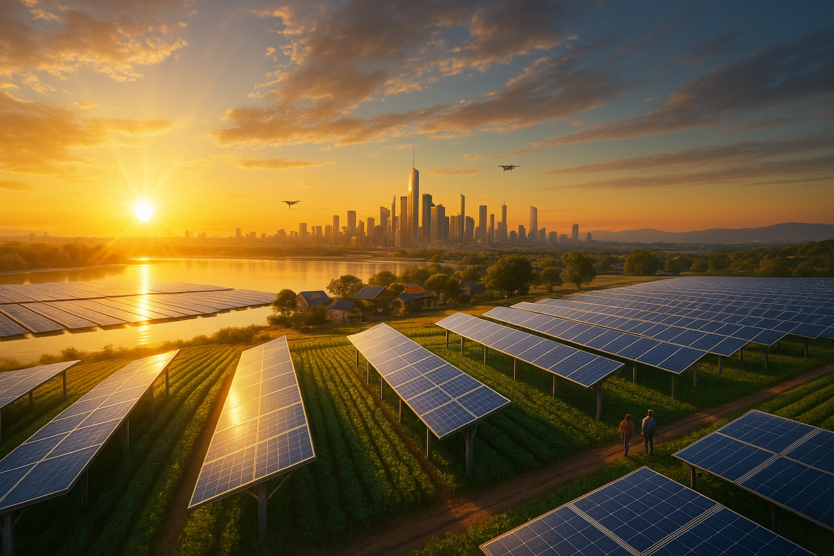 Sunrise over agrivoltaic fields and floating solar panels with a futuristic city skyline, capturing the dawn of cheap, abundant solar power.