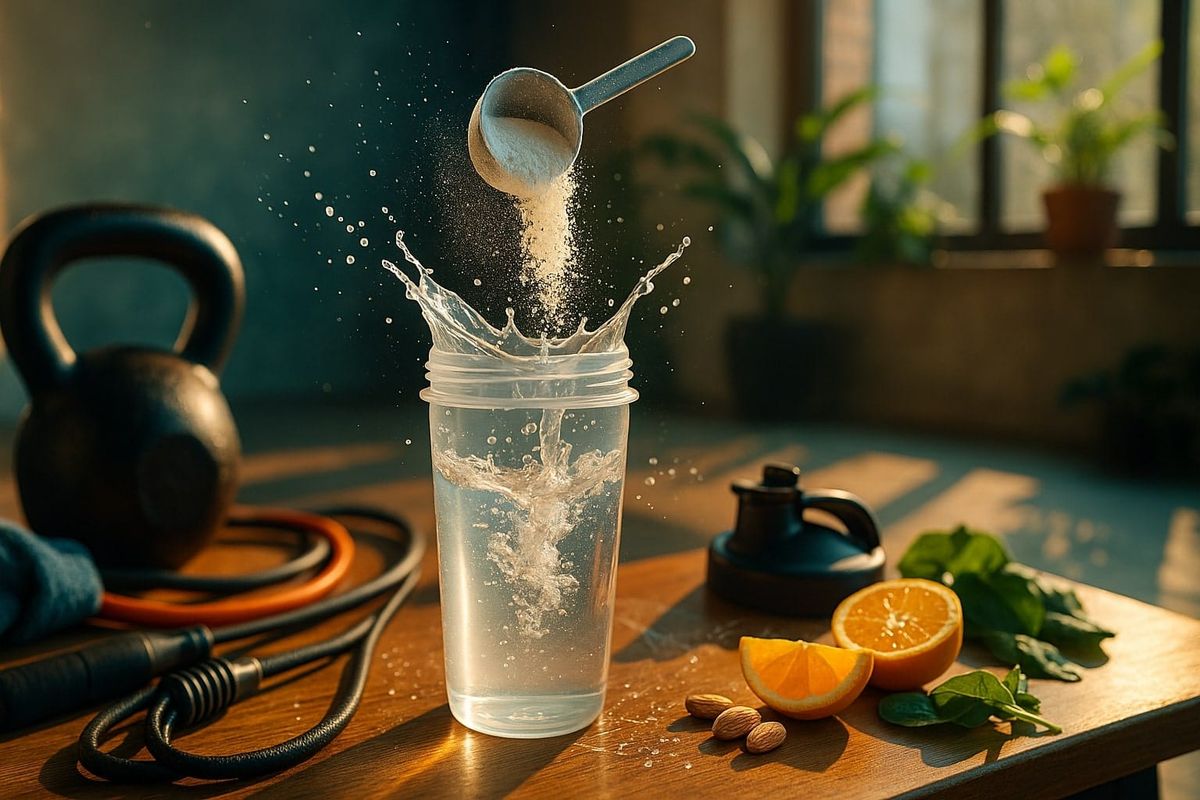 Ca-AKG (calcium alpha-ketoglutarate) in motion—powder splashing into a shaker in a sunlit home gym, dynamic water vortex, kettlebell and citrus cues for longevity, bone health and energy.