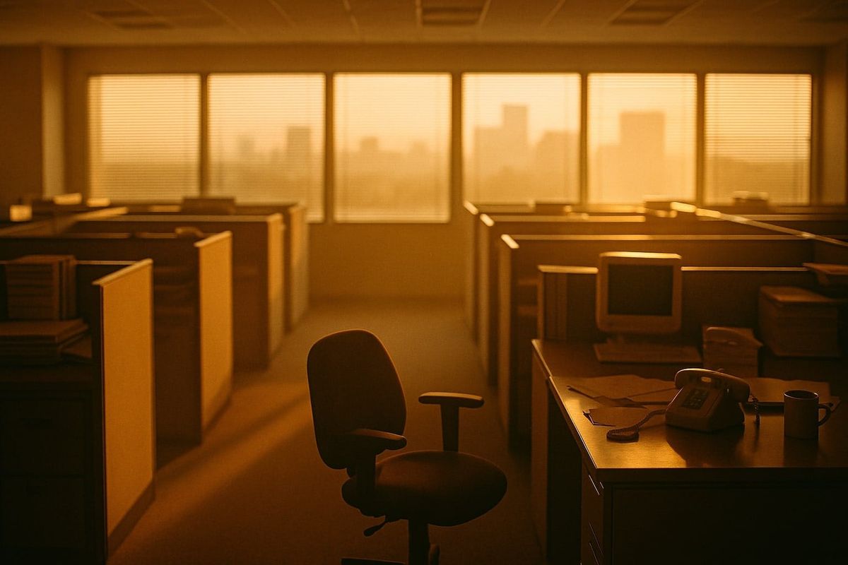 Empty open-plan office at golden hour rows of beige cubicles, an abandoned swivel chair, old CRT monitor, and desk phone