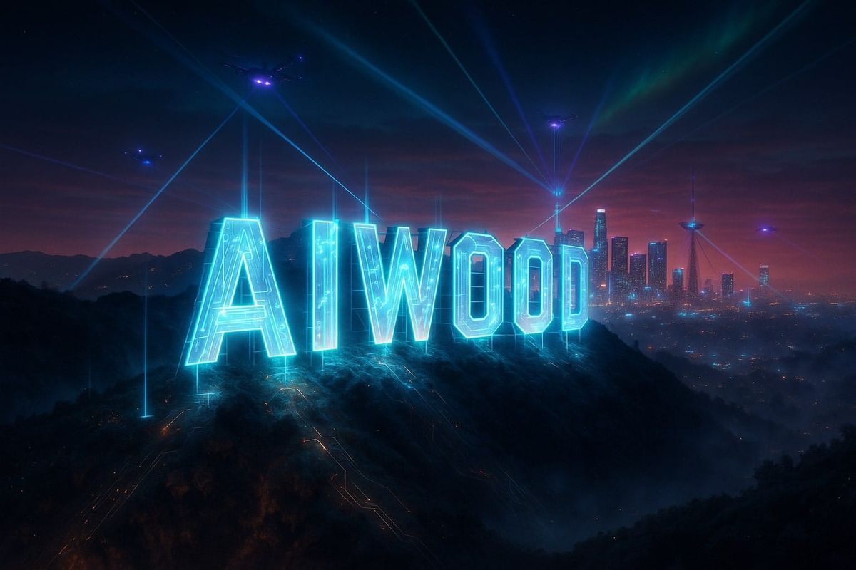 Futuristic AI video skyline with neon AIWOOD sign above Los Angeles.