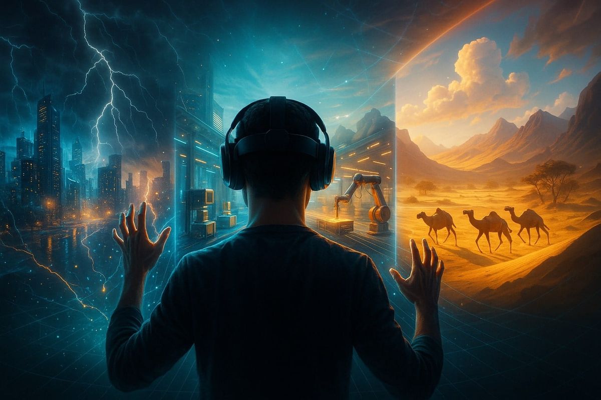 Google DeepMind Genie 3 world model—VR user shaping real-time, promptable worlds stormy city, robotics floor, desert biome; cinematic