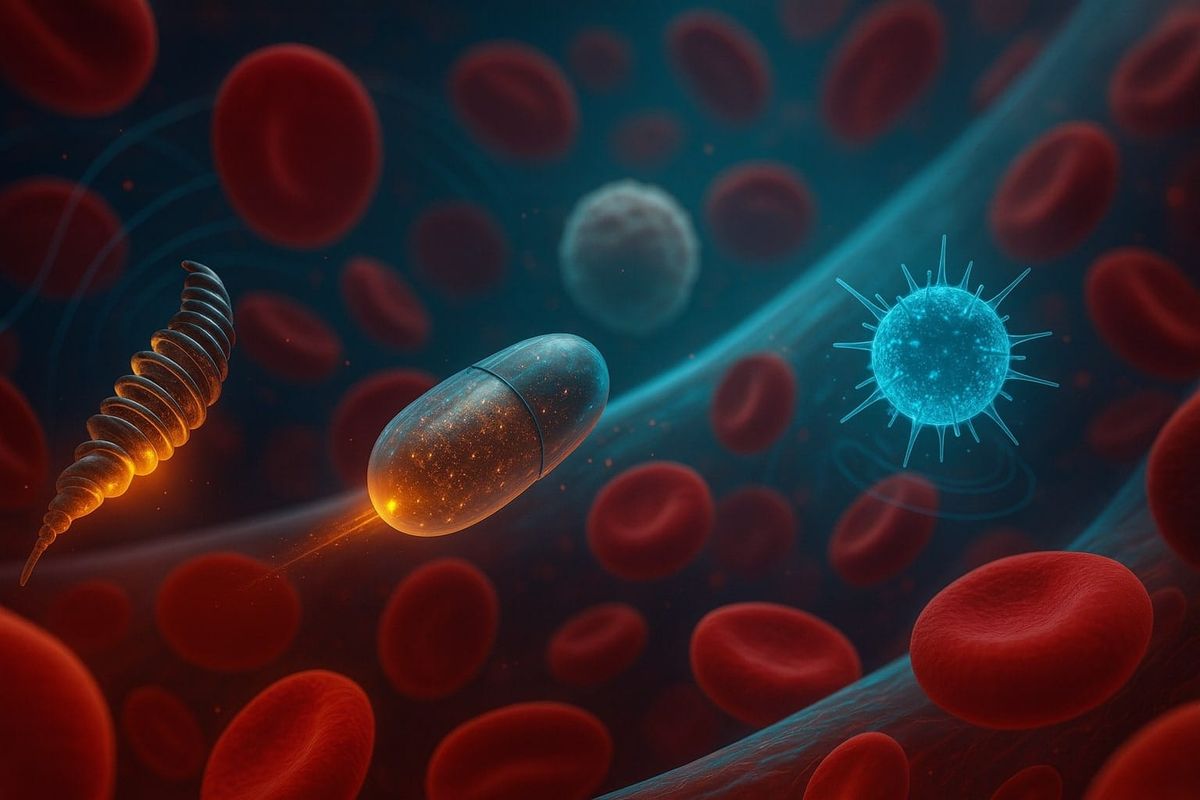 Medical nanobots swim through bloodstream, targeting disease with precise drug delivery.