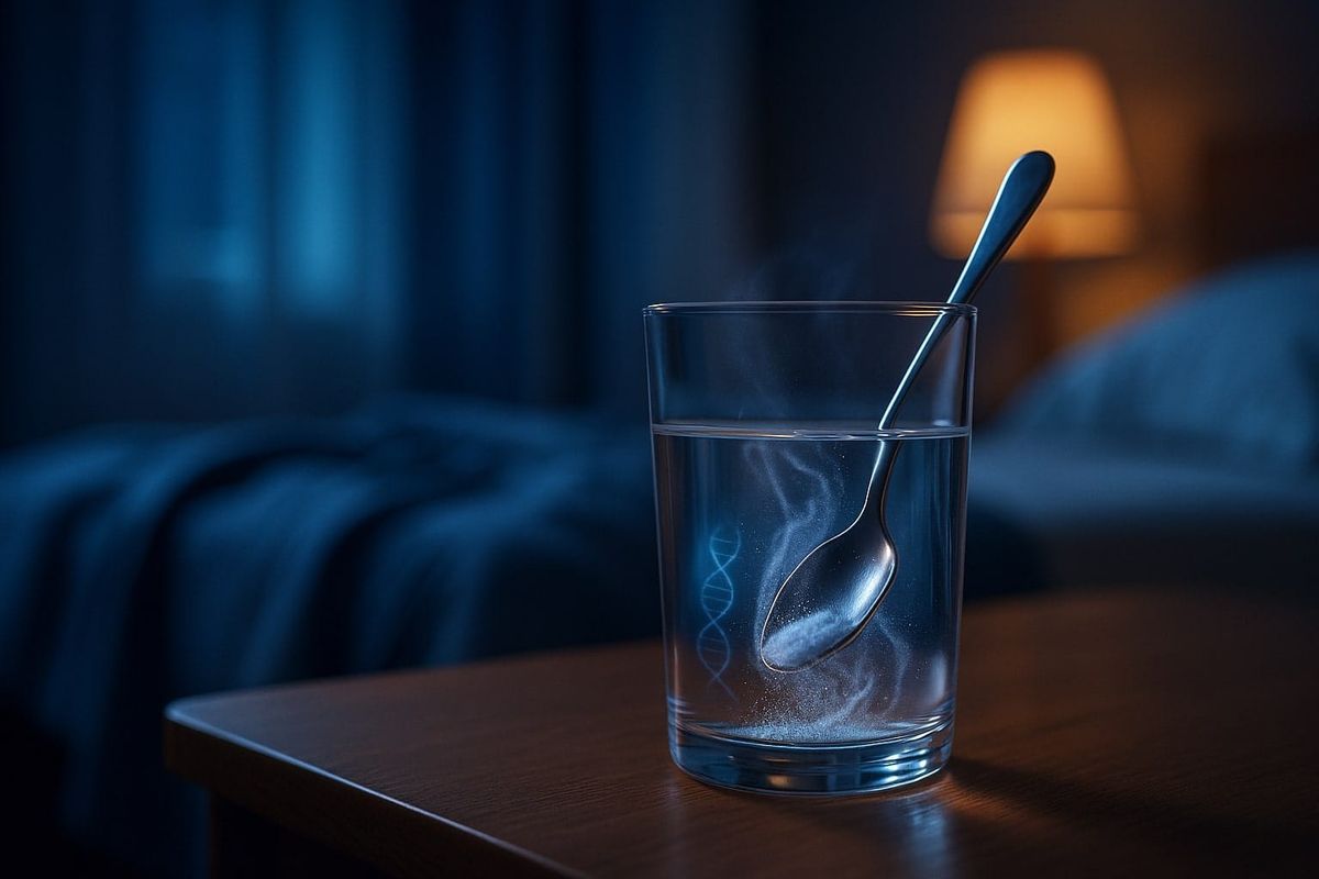 Minimalist night scene with a glass of water and dissolving Glycine powder on a bedside table—cool blue light hinting at deeper sleep, recovery, and cellular calm
