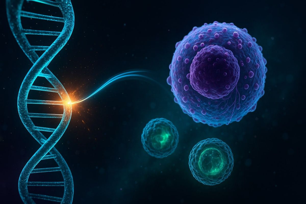 Prime Editing fixes NCF1 delGT in CGD—glowing DNA and stem cells, symbolizing PM359 ex vivo therapy.