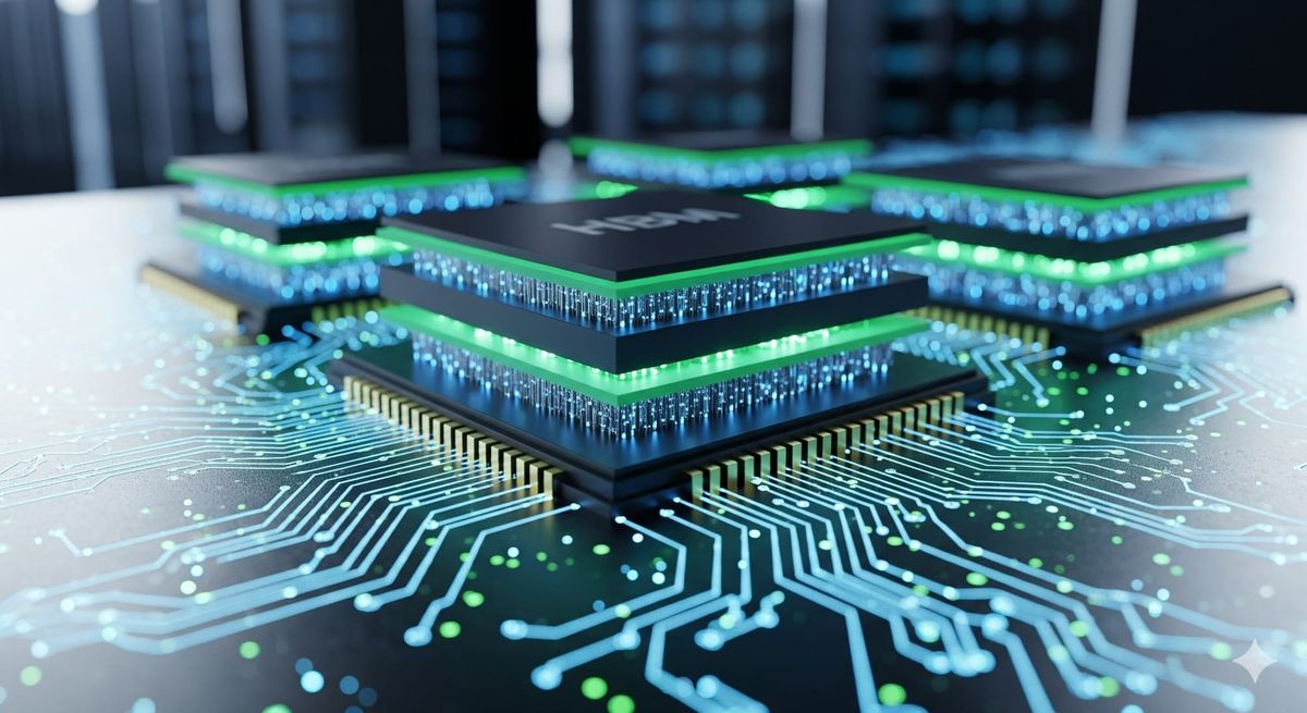 High Bandwidth Memory (HBM) chips on a circuit board, symbolizing AI datacenter technology.