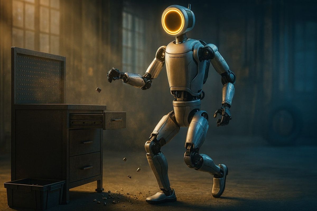 Atlas humanoid robot walking and grasping in a workshop, controlled by a Large Behavior Model.