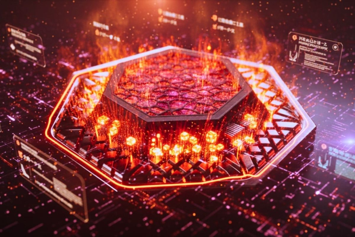 Extropic XTR-0 ThermoComputer chip, radiating flame-colored energy for ultra-efficient AI.