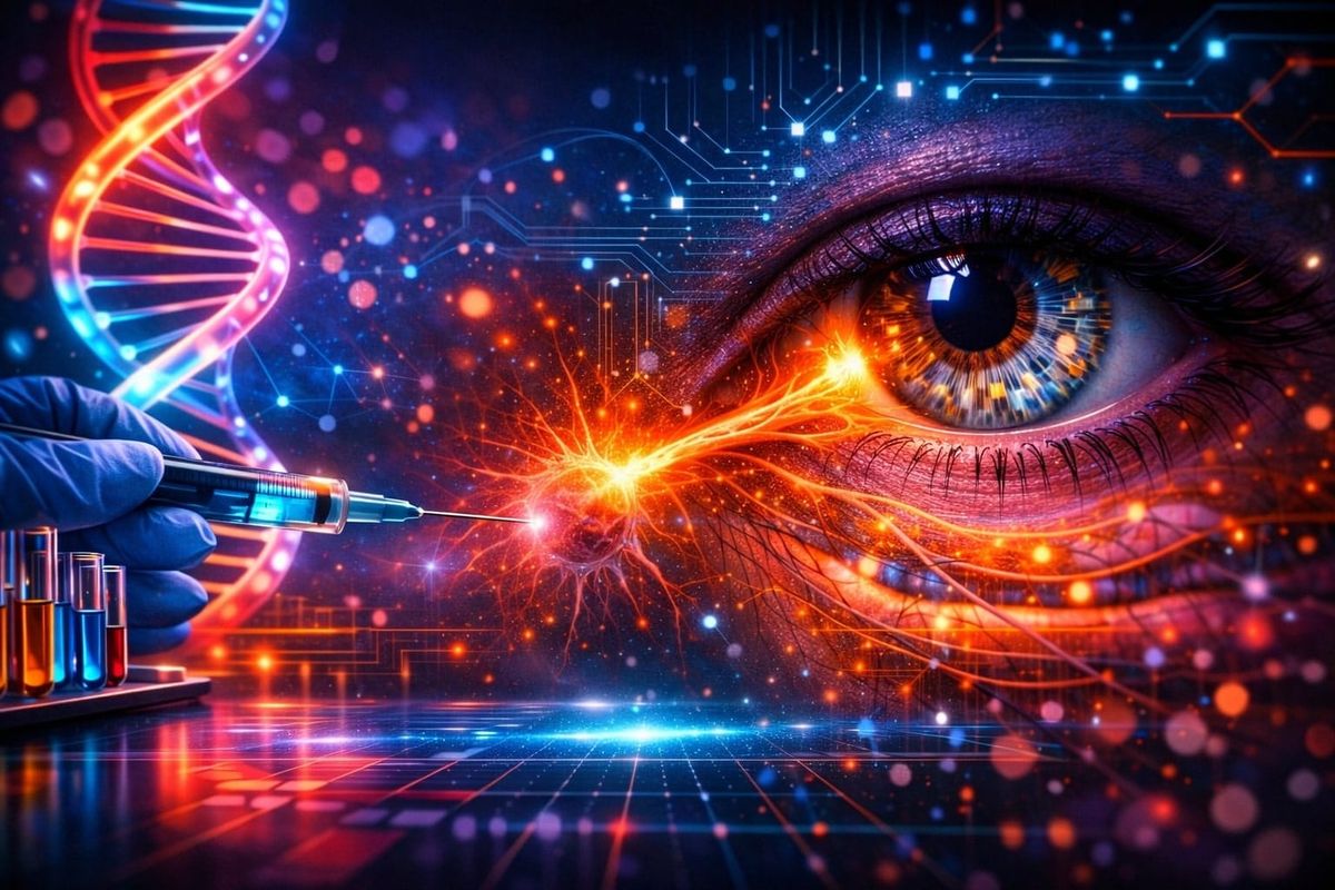 Futuristic eye gene therapy scene with syringe, DNA helix, and glowing neural pathways