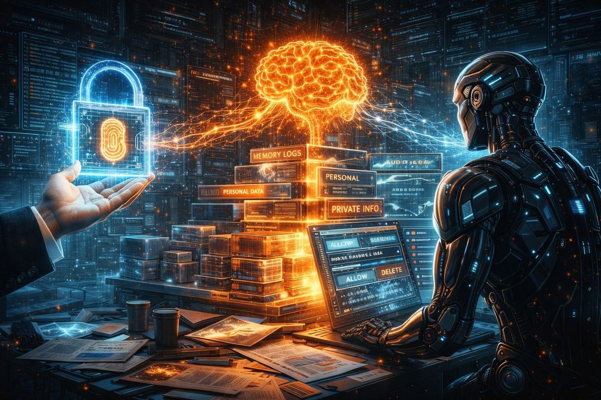 Human-controlled AI memory policy with audit logs and a glowing data lock.
