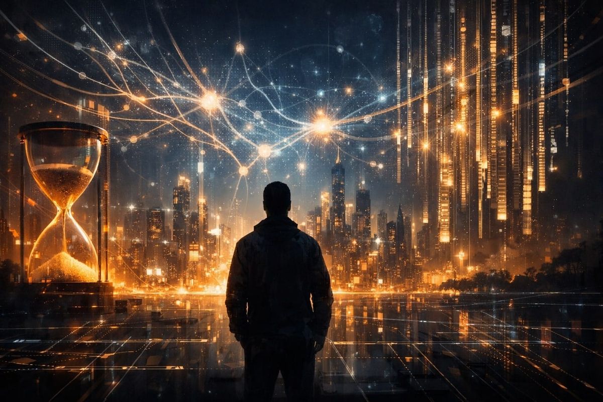 Silhouette overlooking a futuristic networked city with flowing data and a glowing hourglass.