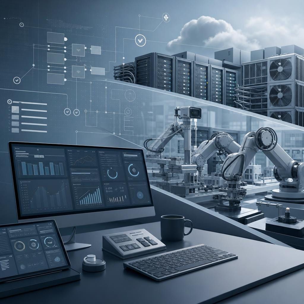 Editorial image of AI interfaces, robotics, compute infrastructure, and governance signals converging into one integrated system.