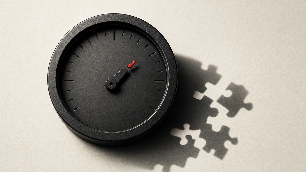 A broken measuring dial casting puzzle-shaped shadows, symbolizing the limits of reducing AI capability to one intelligence score