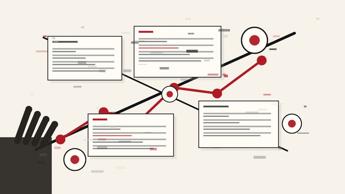 Abstract editorial image of a fictional AI finance dashboard with account cards, decision arrows, and a human hand near the interface.