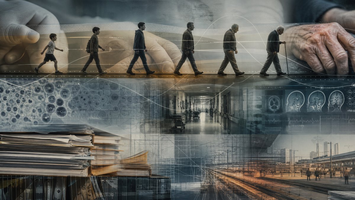 Editorial image of layered human life timelines, aging biomarkers, and societal systems under tension, symbolizing longevity research and the fantasy of optional death.